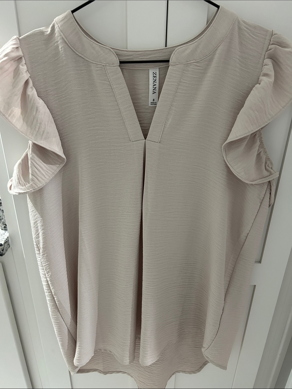 Zerana Light Cream Ruffle Sleeve Split-Neck Blouse